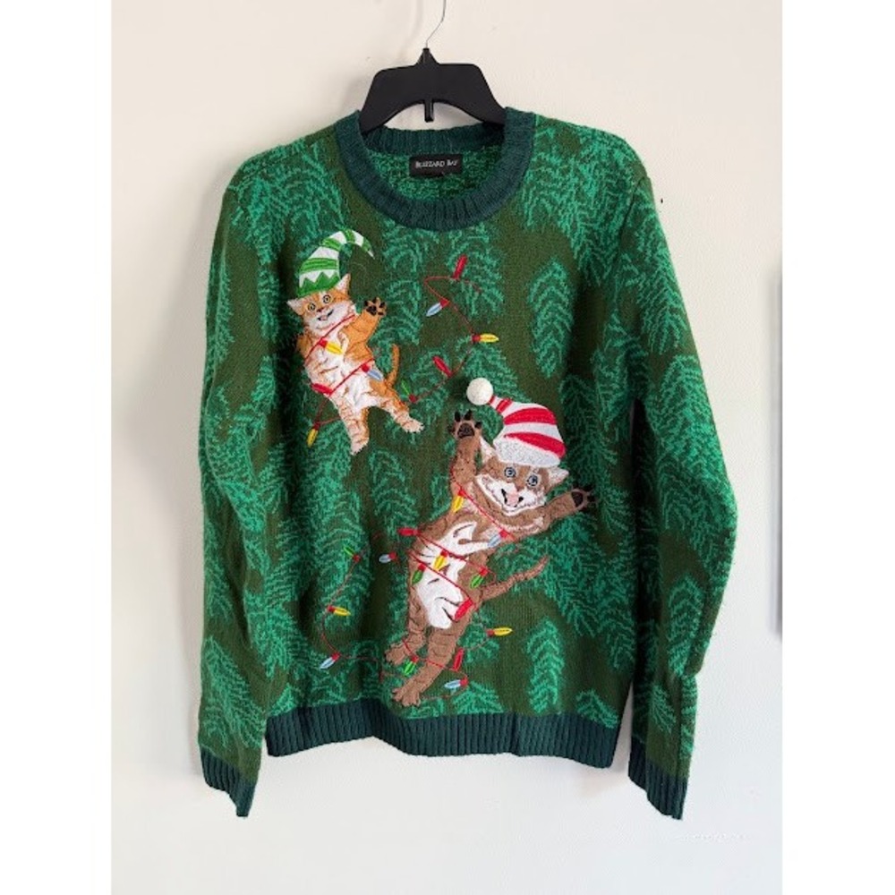 Ugly Christmas Cat Holiday Blizzard Bay Sweater Mens Medium Green
